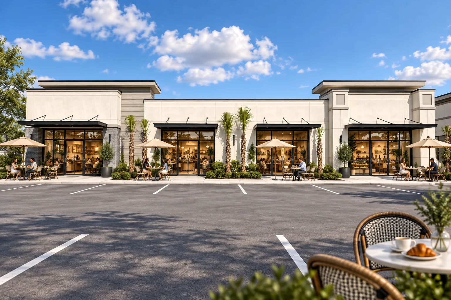 Conceptual café and bakery storefront with outdoor seating