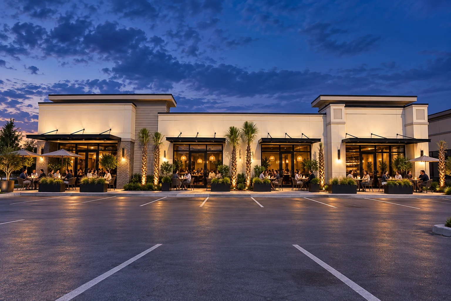 Conceptual restaurant occupancy with illuminated storefront and outdoor dining